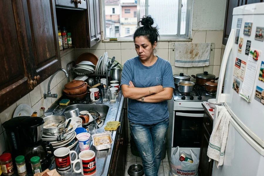 Mulher cansada, presa na rotina da cozinha