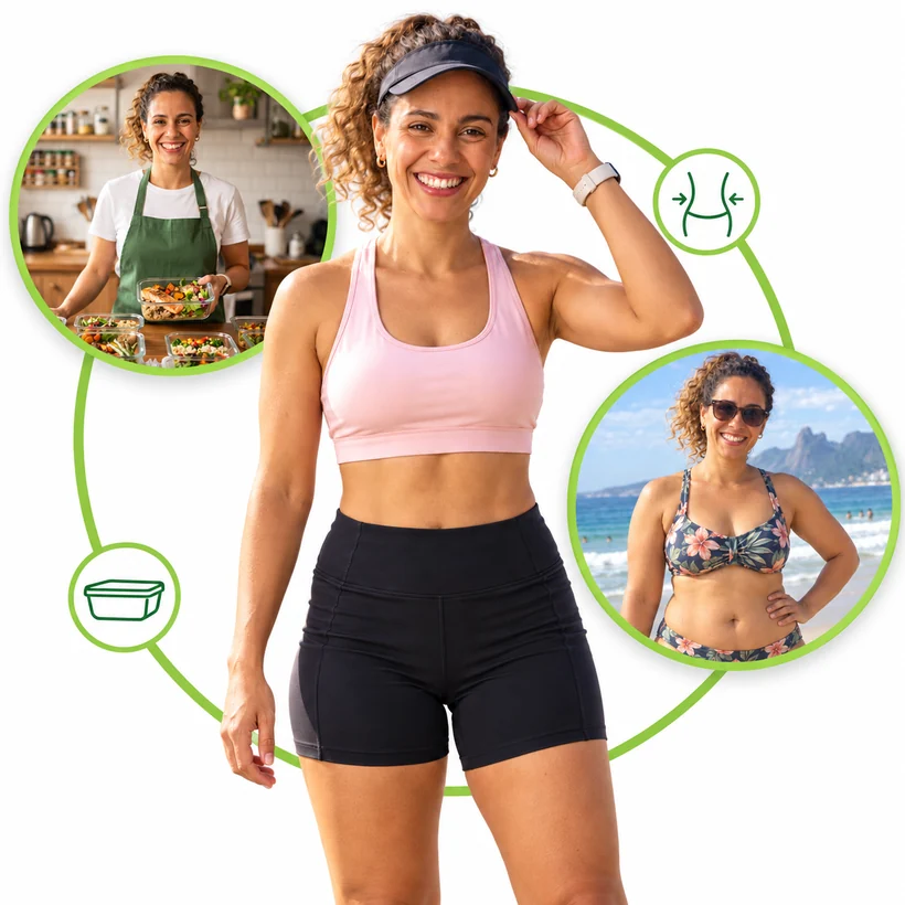 Laís hoje, com fotos dela na cozinha com as marmitas e na praia